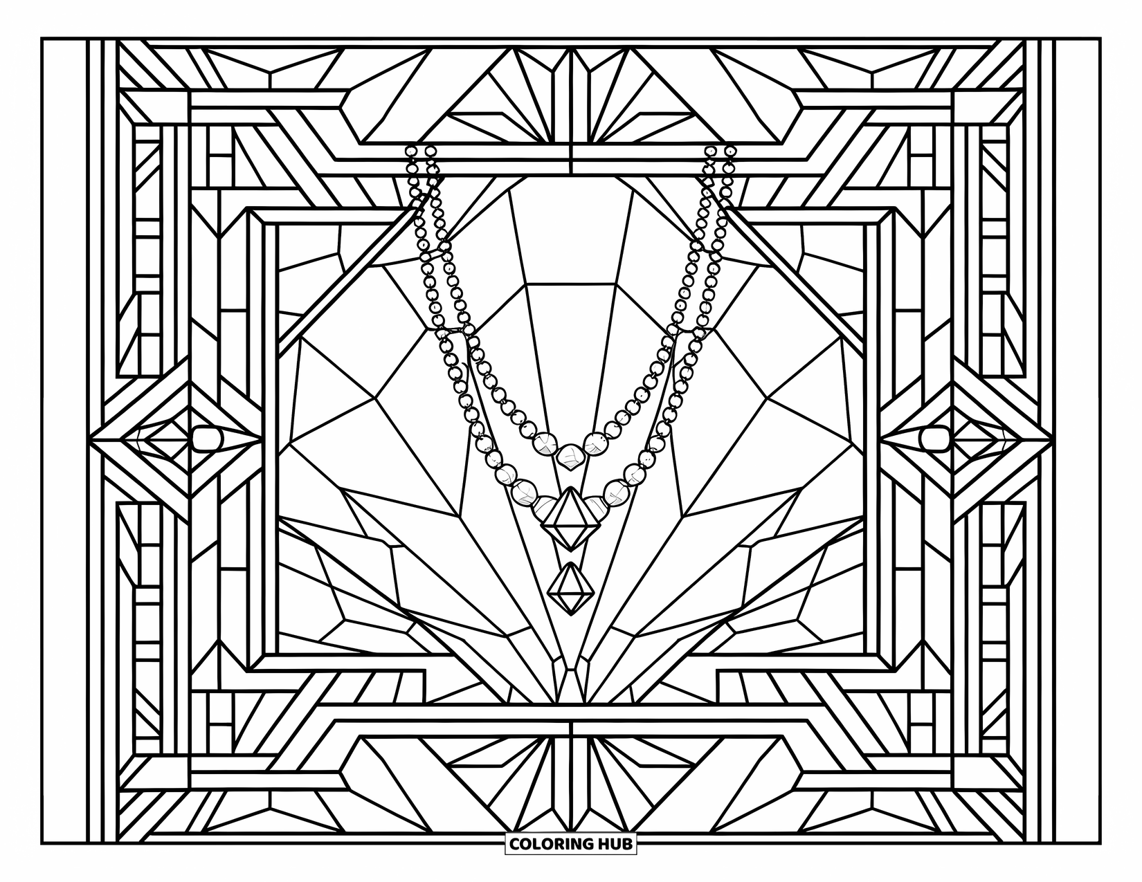 Diamond Coloring Page for Adults: A diamond necklace hangs inside a geometric art deco stained-glass frame