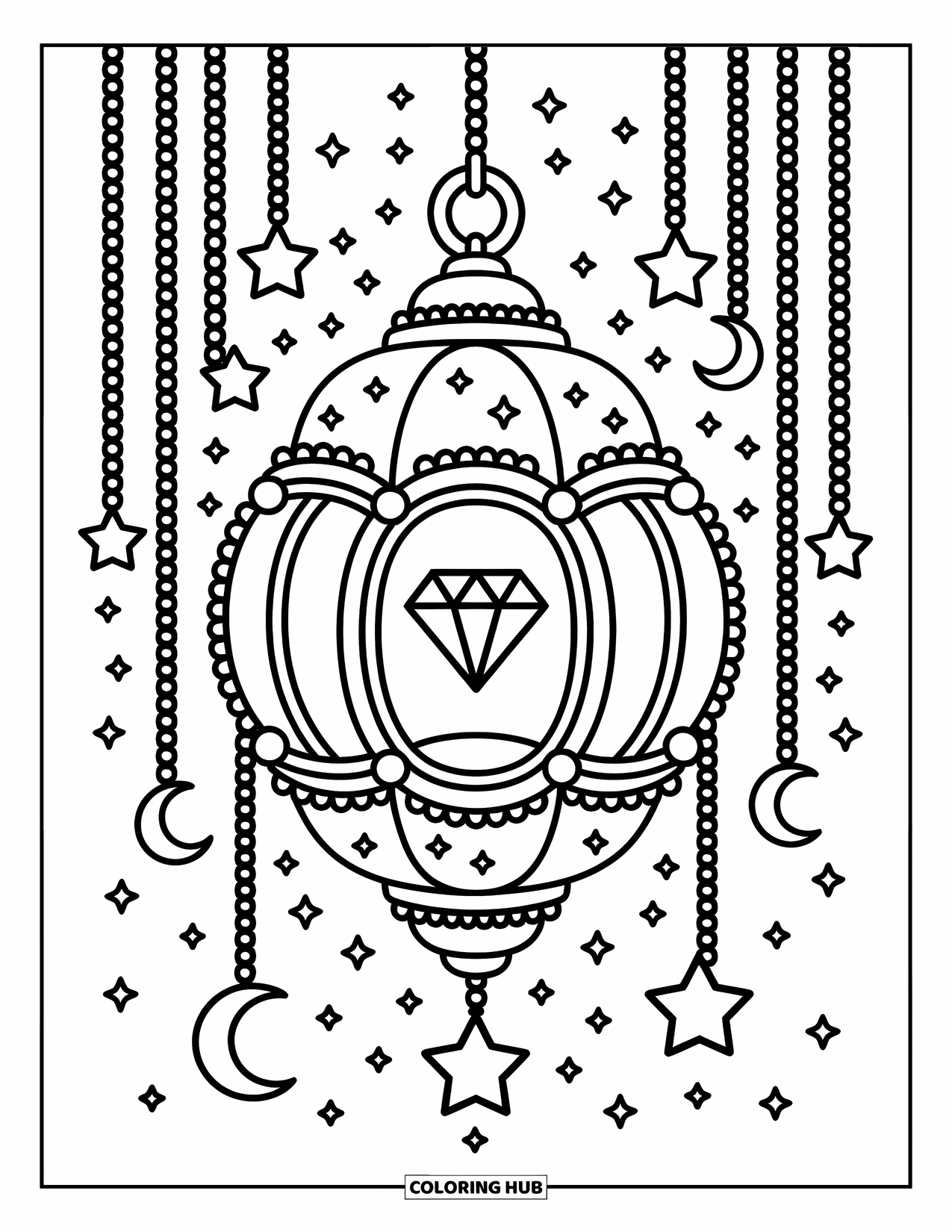 Diamond Coloring Page for Adults: A hanging lantern frames a diamond with bows, sparkles, and little dangling stars