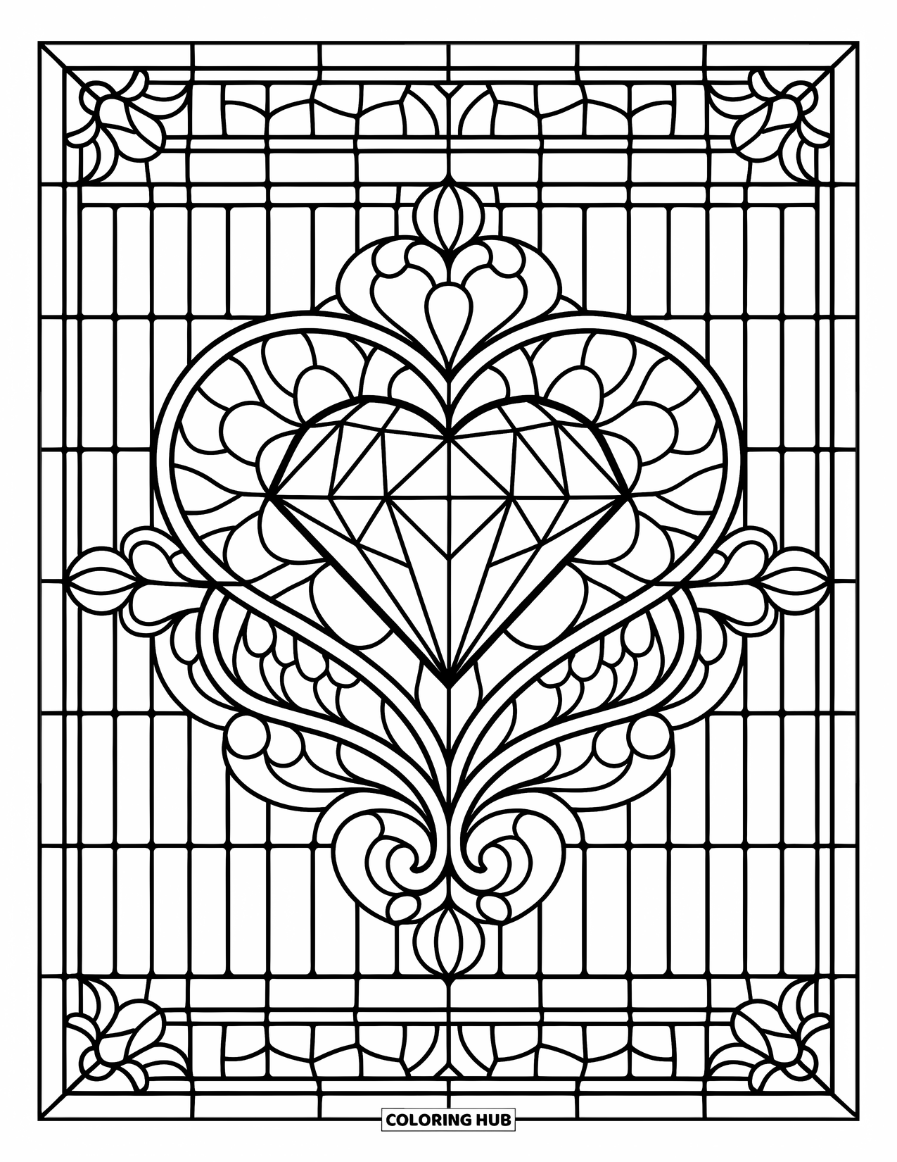 Diamond Coloring Page for Adults: A heart diamond sits in the middle of a floral stained-glass window