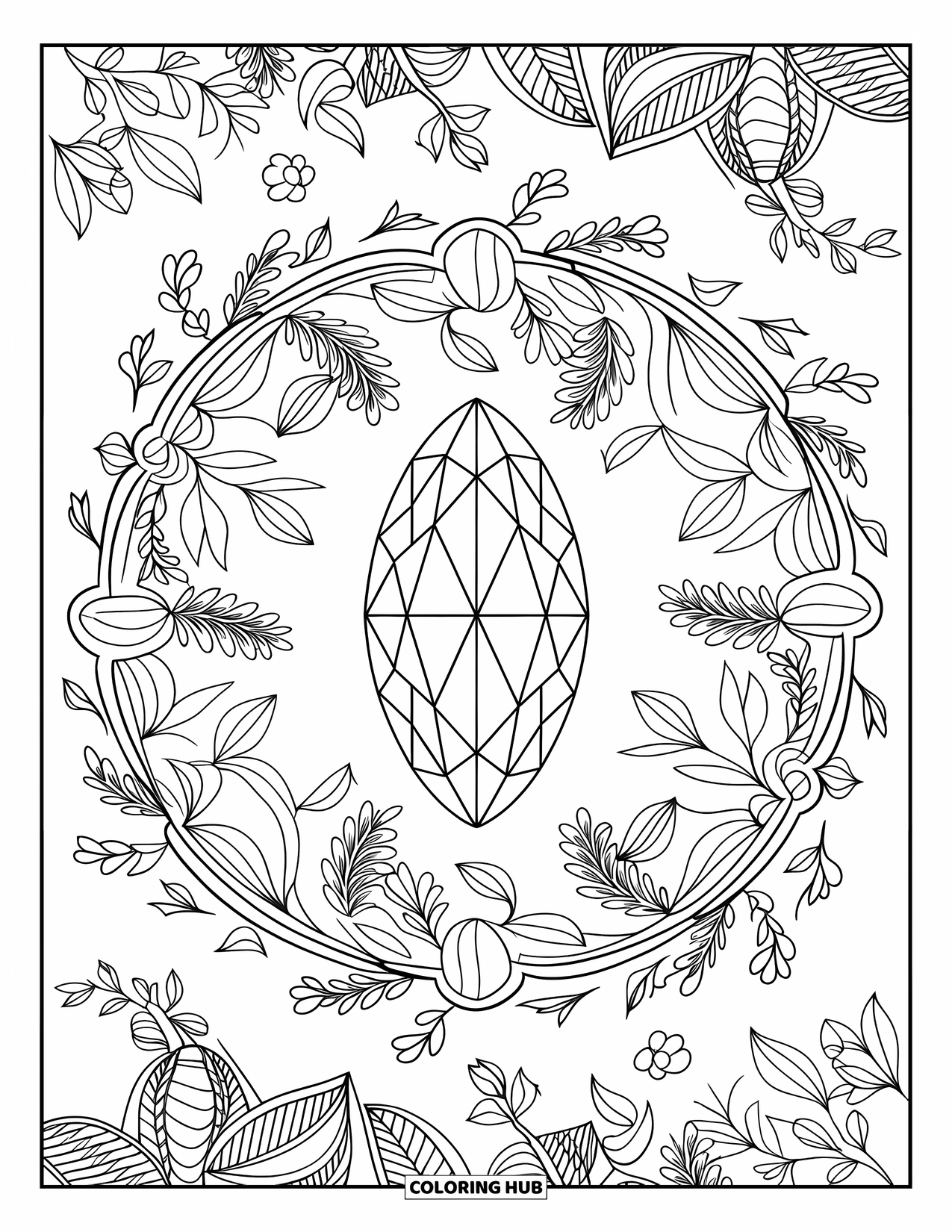 Diamond Coloring Page for Adults: A leafy mandala frames a marquise diamond with soft, delicate detail