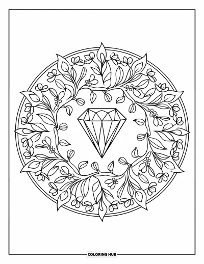 Desen de colorat cu diamante pentru adulți: O mandală din frunze și păstăi înconjoară un diamant în formă de marquise