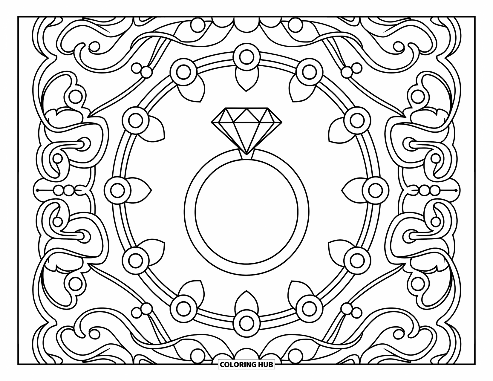 Diamond Coloring Page for Adults: A solitaire ring glows within a detailed frame of pearls and vines
