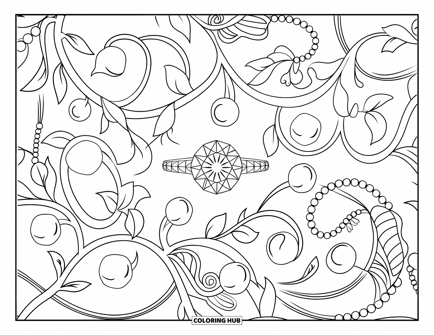 Diamond Coloring Page for Adults: Curled vines and pearls surround a ring in a detailed jewelry design