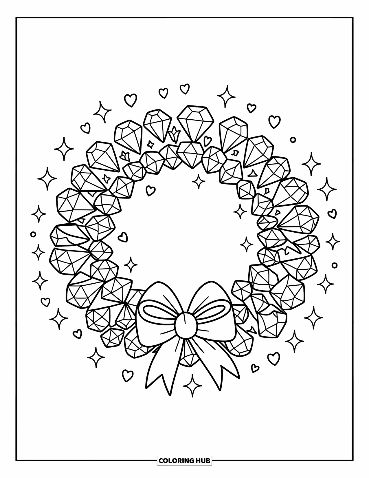 Diamond Coloring Page for Adults: Diamond and ribbon wreath sparkles with playful stars and hearts