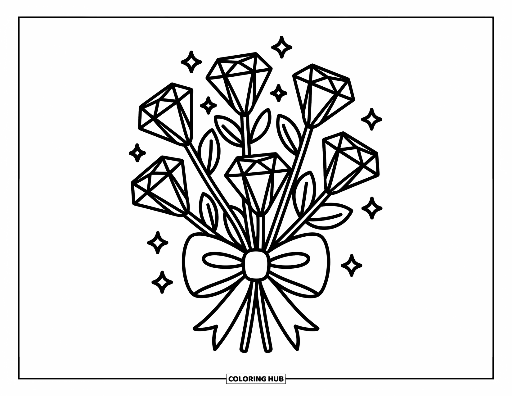 Diamond Coloring Page for Adults: Diamond-shaped flowers rest in a cozy bow with floating sparkles all around