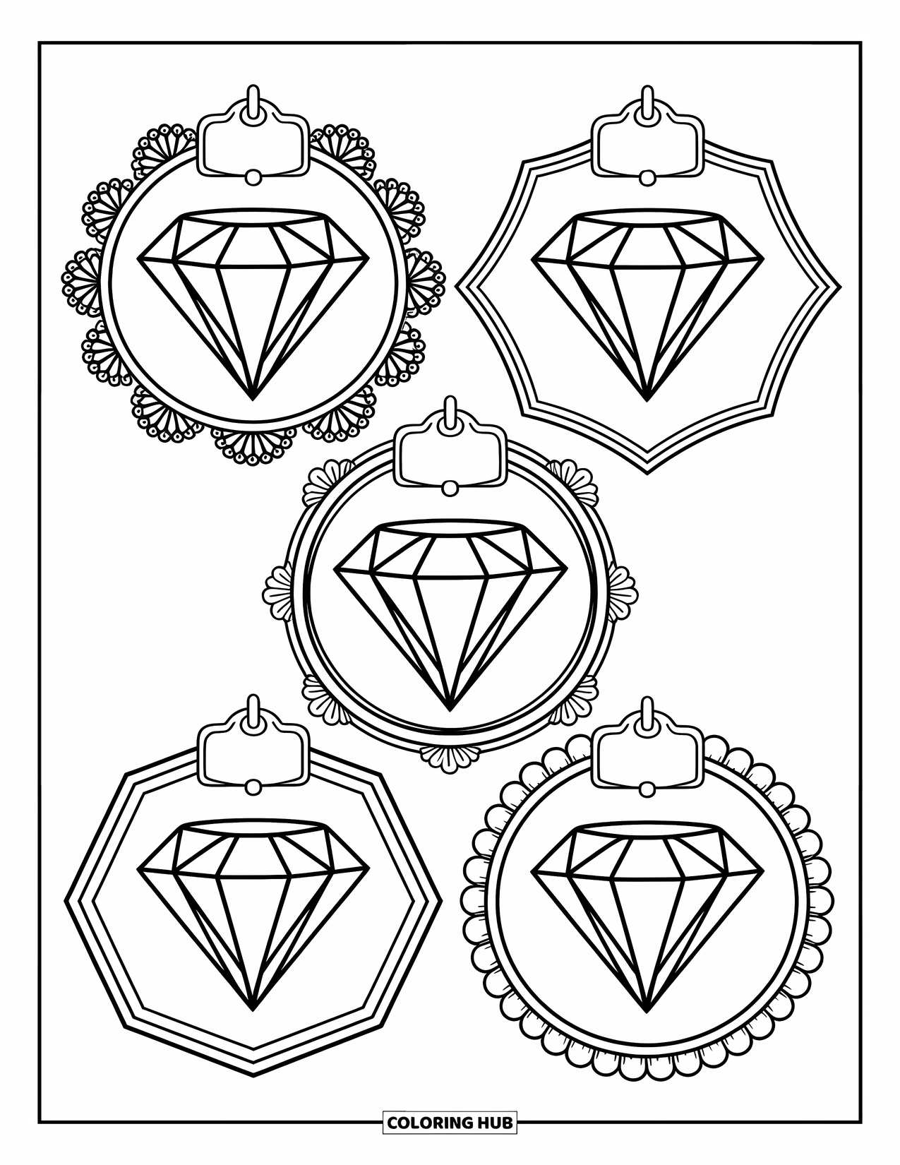 Diamond Coloring Page for Adults: Labeled diamond cuts rest in detailed frames with bows and floral borders