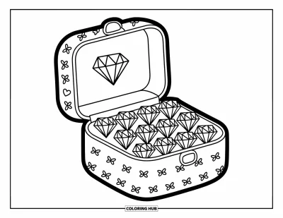 Desen de colorat cu diamante pentru adulți: Rânduri de diamante mici umplu o cutie de bijuterii deschisă decorată cu fundițe și inimi