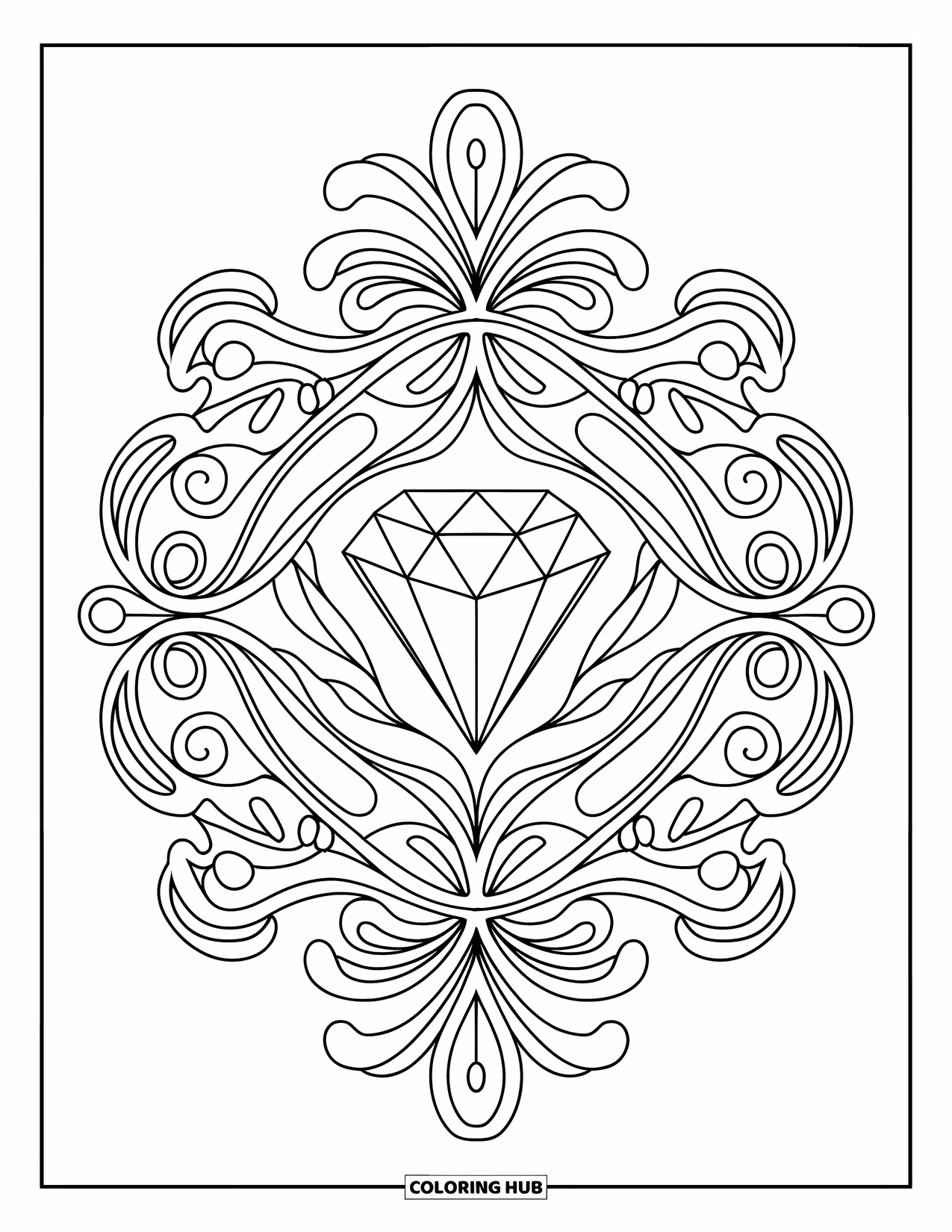 Diamond Coloring Page for Adults: Swirls and botanical lace frame a glowing cushion-shaped diamond