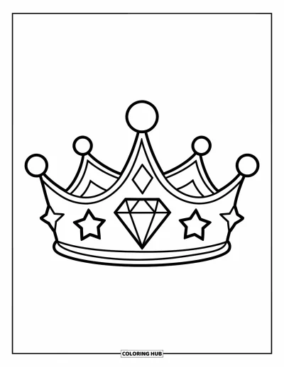 Desen de colorat cu diamante pentru copii: O coroană cu diamant mare stă pe un fundal alb înconjurată de stele mici