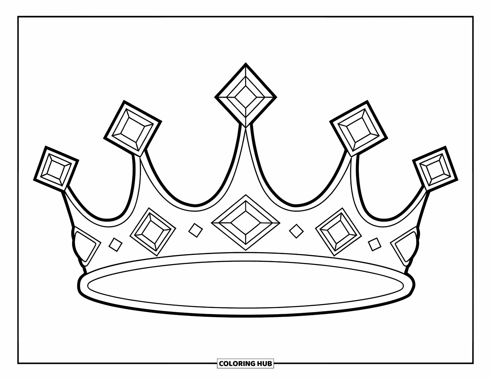 Diamond Coloring Page for Kids: A bold crown sparkles with five unique diamonds in playful symmetry
