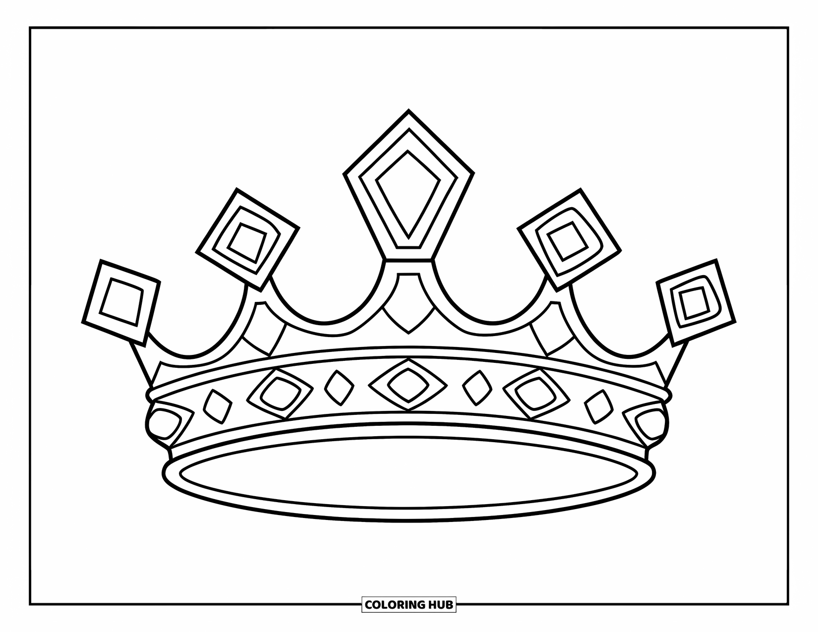 Diamond Coloring Page for Kids: A crown with five different-shaped diamonds rests neatly in the center