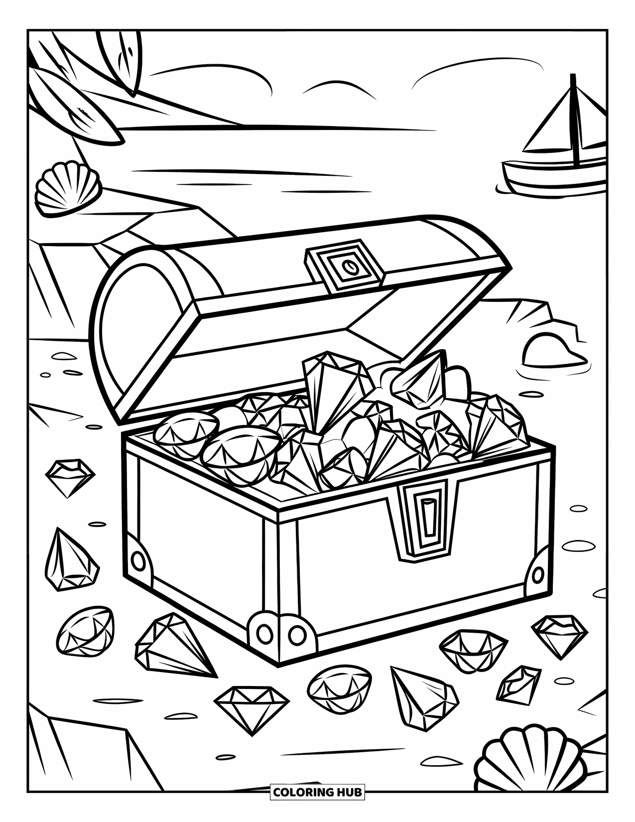 Diamond Coloring Page for Kids: A diamond-filled chest sits near the shore with seashells and a small boat nearby