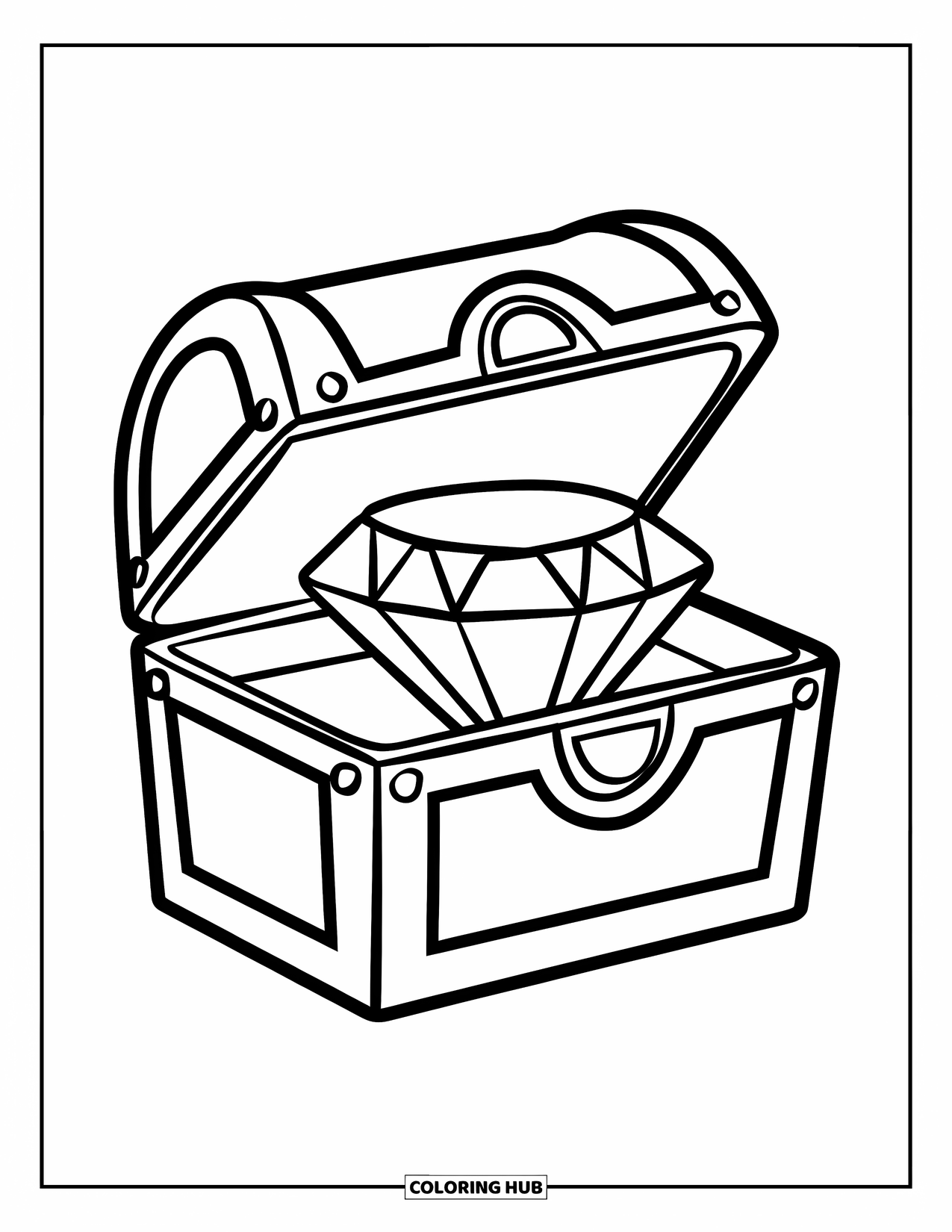 Diamond Coloring Page for Kids: A diamond rests inside a treasure chest drawn with bold, playful lines