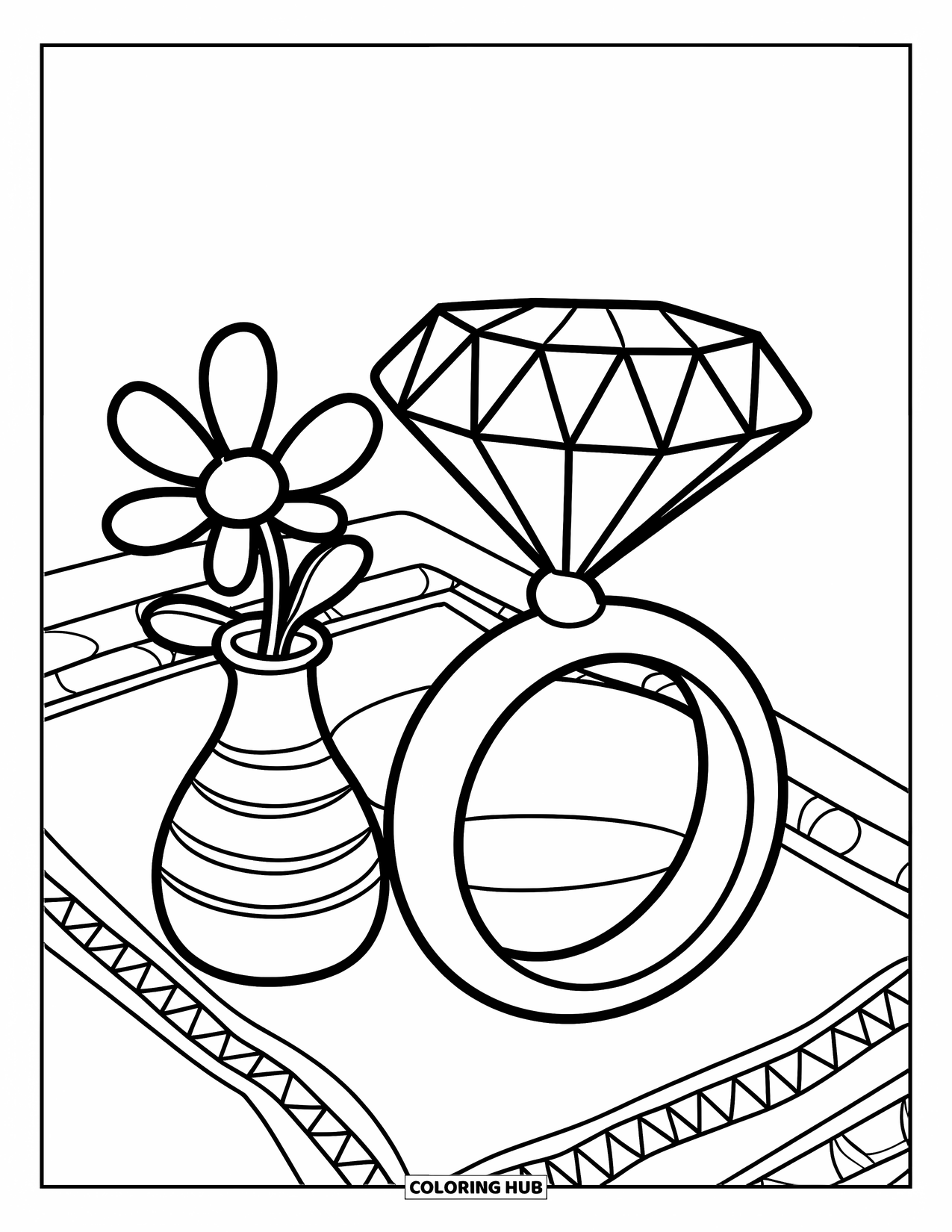 Diamond Coloring Page for Kids: A diamond ring and vase rest on a patterned table in a clean setting