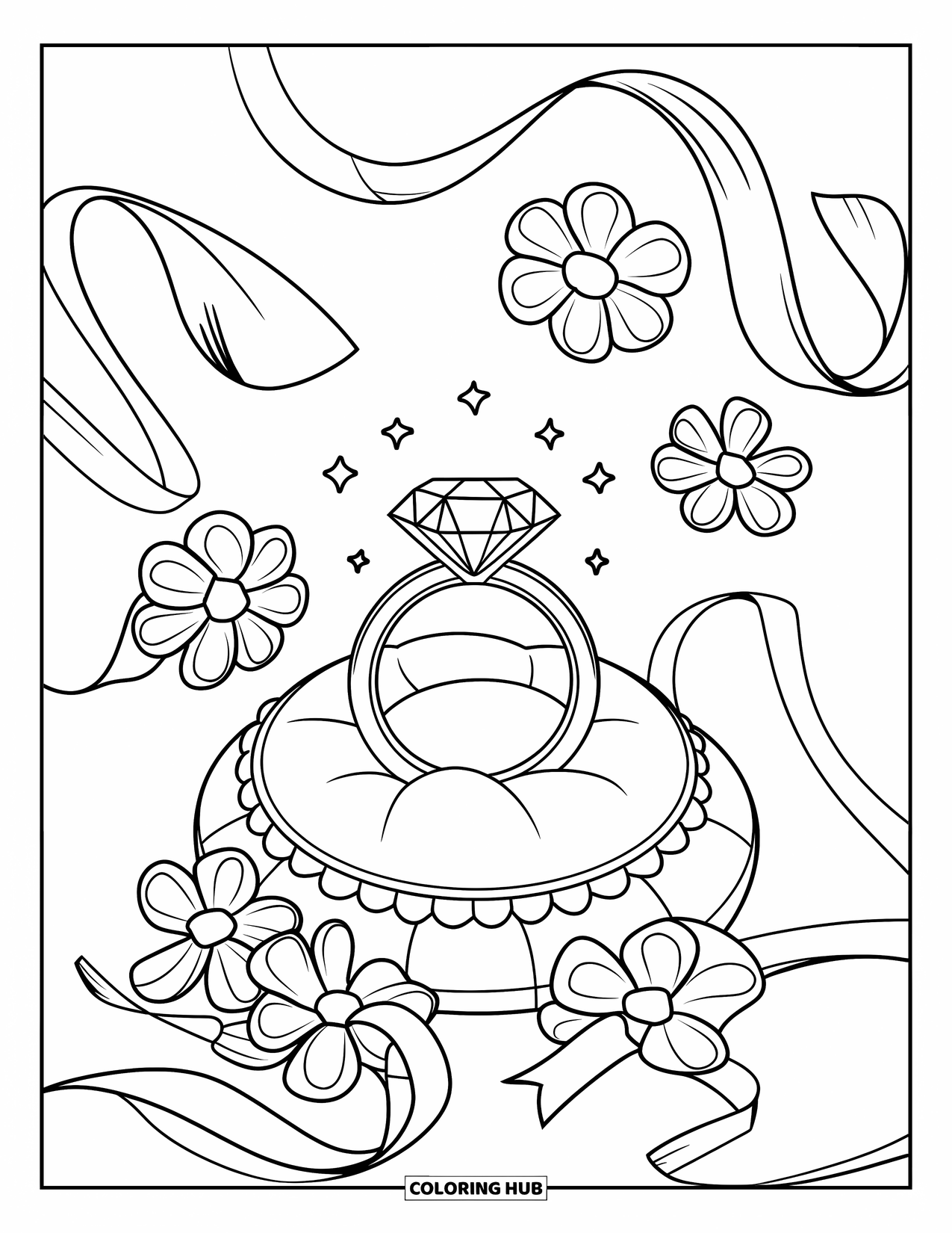 Diamond Coloring Page for Kids: A diamond ring on a cushion is surrounded by floating flowers and ribbons