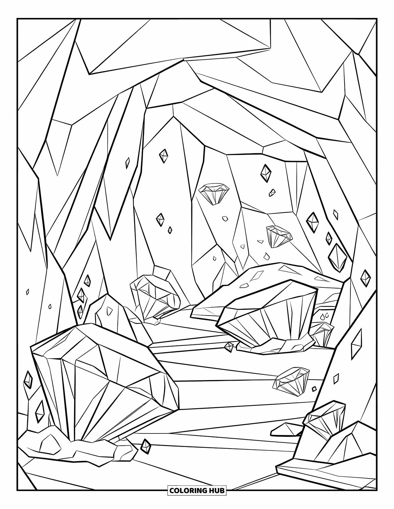 Diamond Coloring Page for Kids: A dreamy crystal cave shines with diamonds on all sides