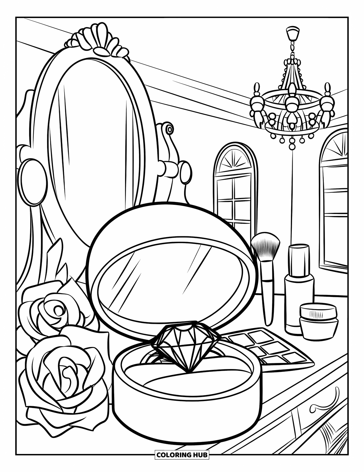 Diamond Coloring Page for Kids: A fancy vanity desk holds a ring box, makeup, and a rose-filled vase