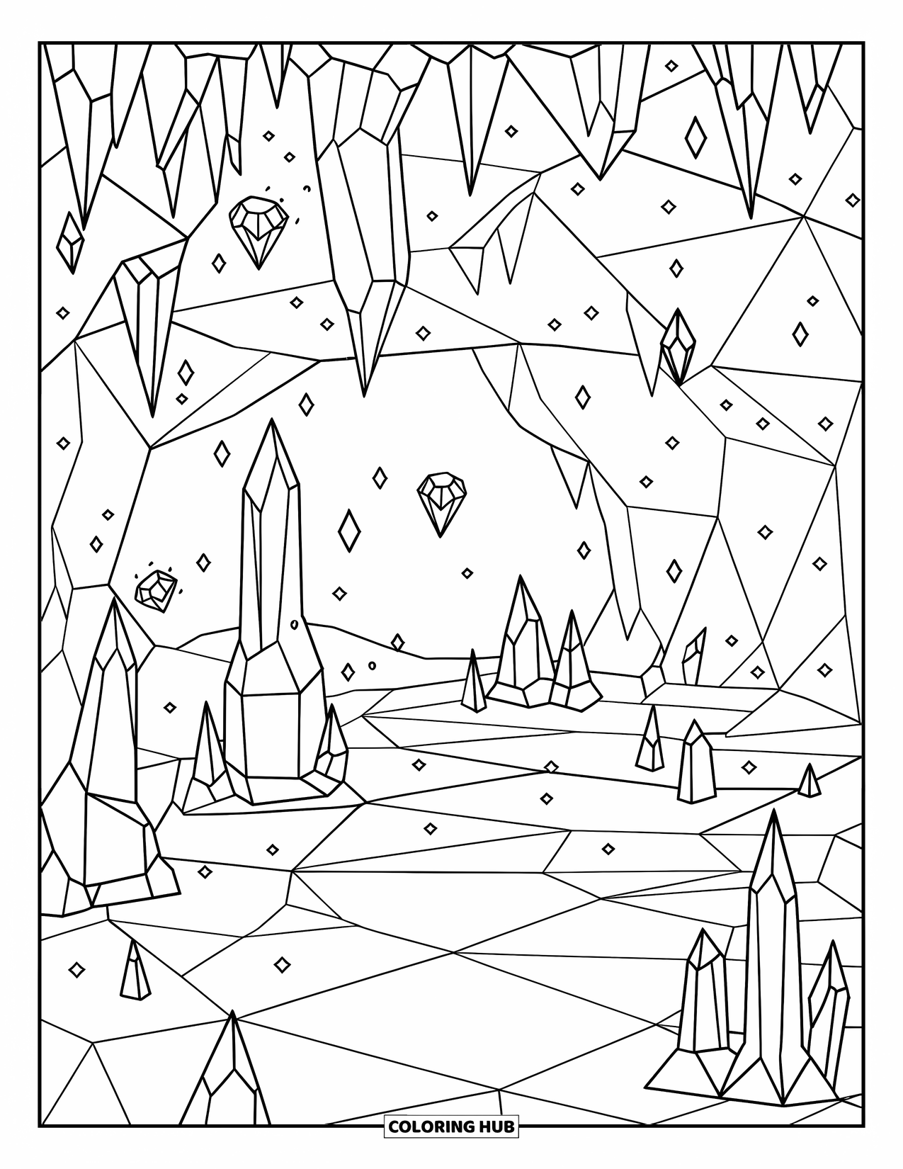Diamond Coloring Page for Kids: A glowing crystal cave sparkles with floating and growing diamonds