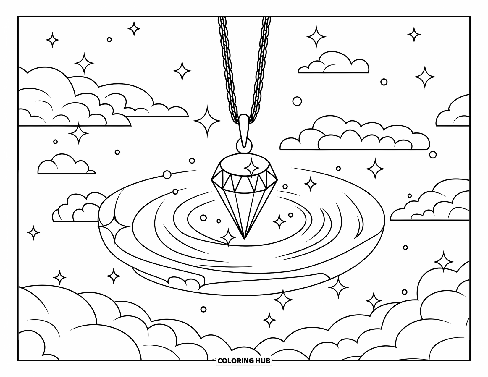 Diamond Coloring Page for Kids: A glowing pendant hangs in clouds filled with sparkles and stars