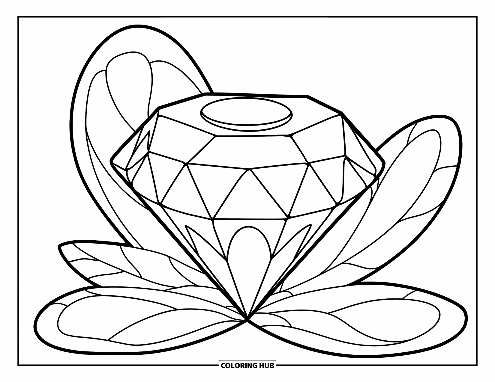 Diamond Coloring Page for Kids: A happy diamond with a round body sits between two giant textured leaves