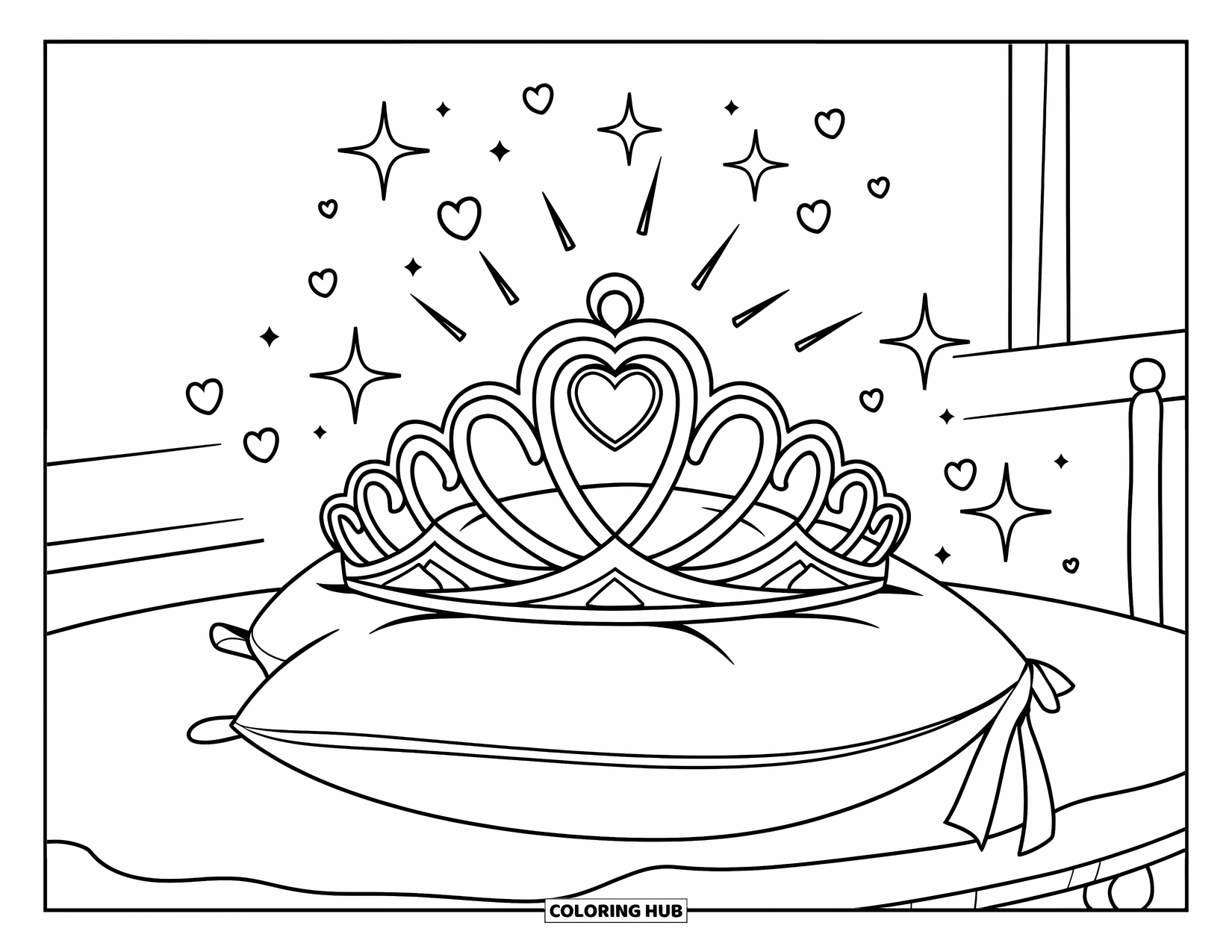 Diamond Coloring Page for Kids: A heart-pendant tiara rests on a pillow surrounded by sparkles and hearts