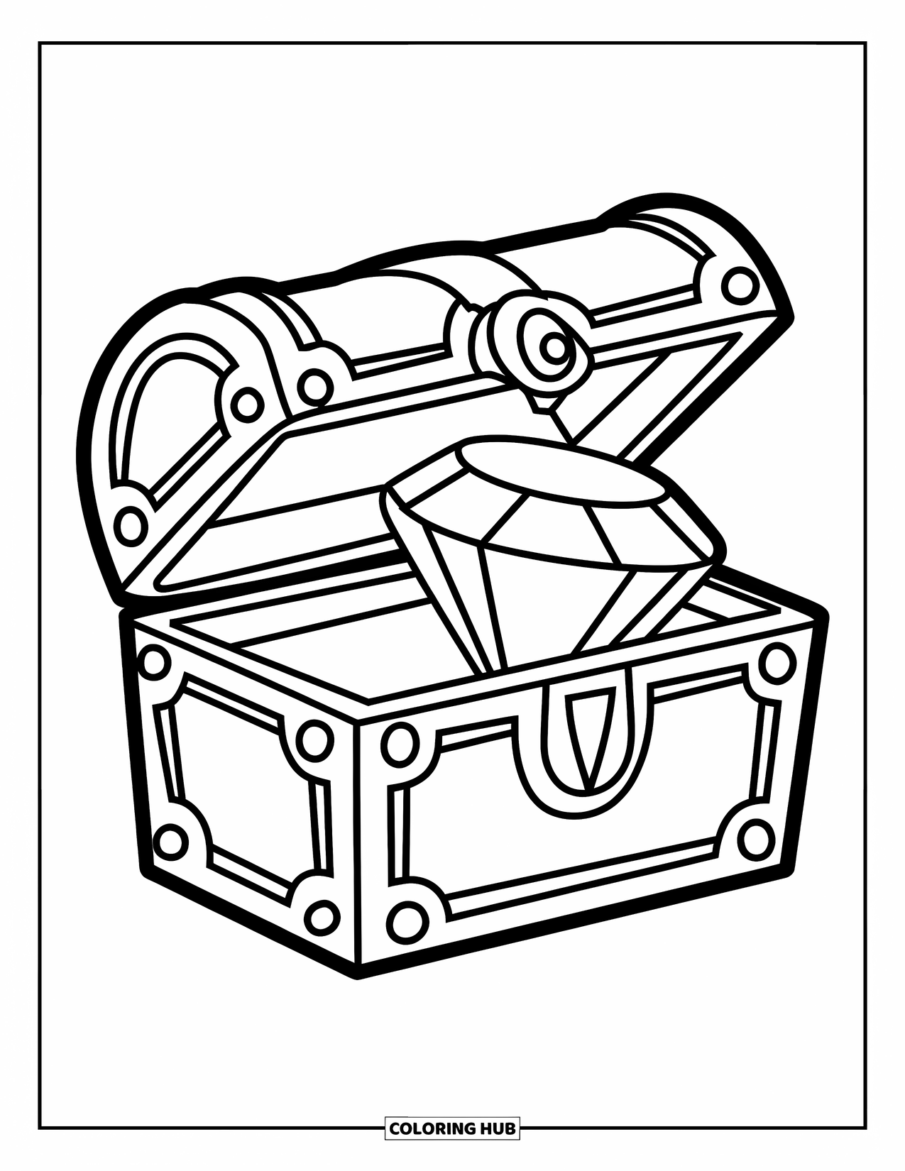 Diamond Coloring Page for Kids: A large diamond sits inside a bold-outlined treasure chest on a plain background