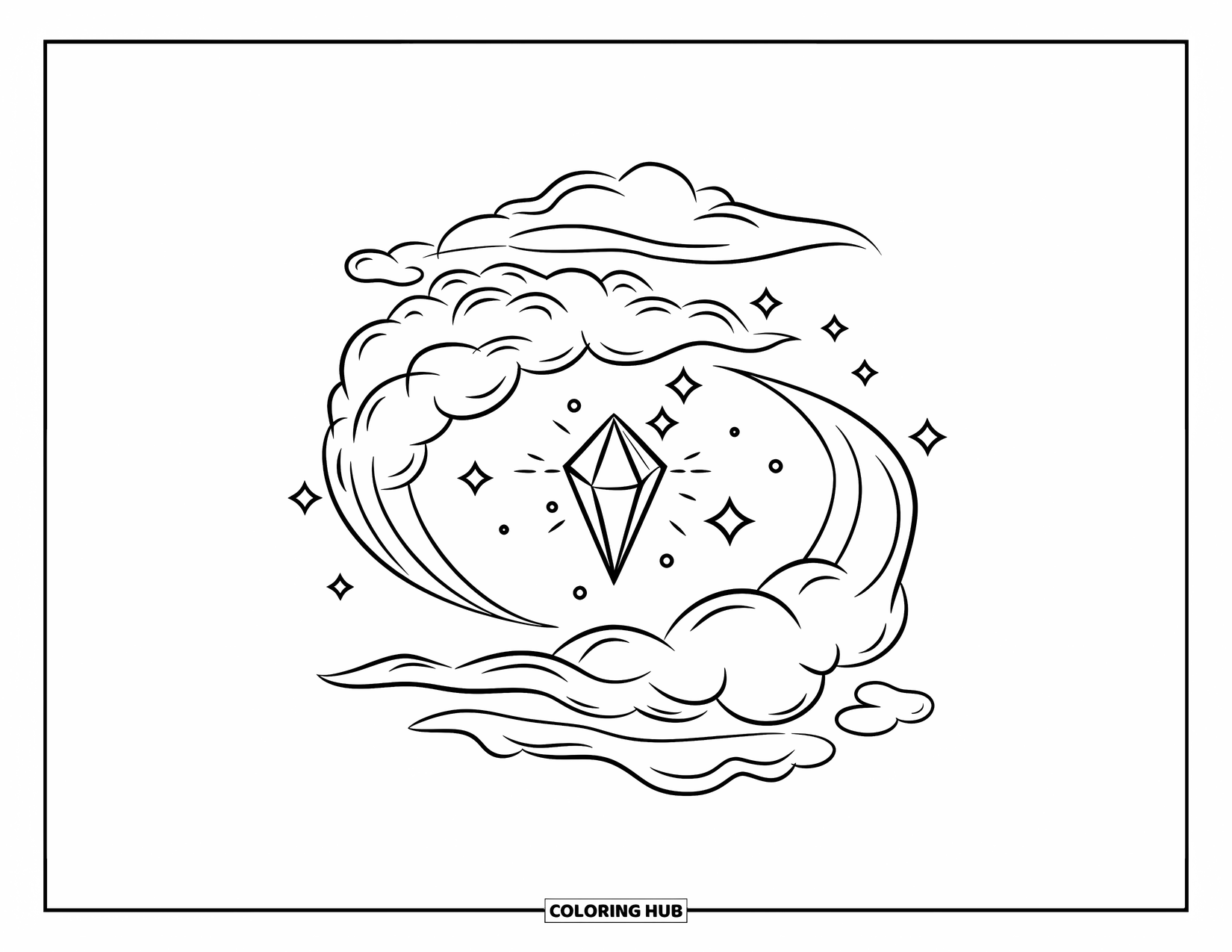 Diamond Coloring Page for Kids: A magical pendant glows inside fluffy clouds and sparkles
