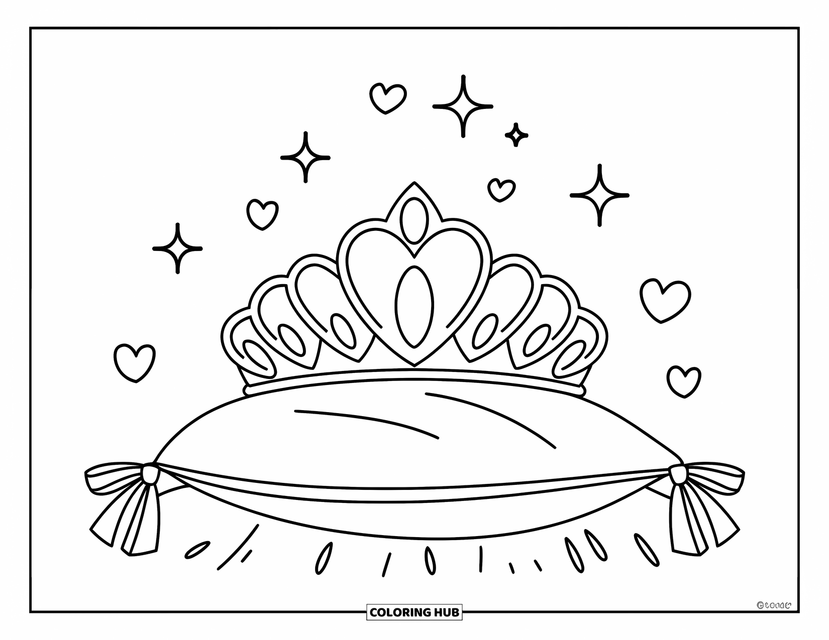 Diamond Coloring Page for Kids: A pretty tiara on a pillow glows with tiny hearts and sparkles