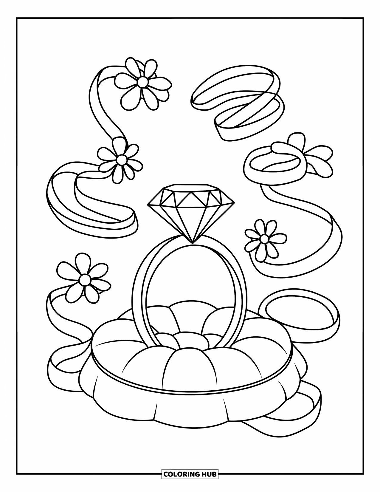 Diamond Coloring Page for Kids: A ring with floating flowers and ribbons rests on a soft cushion