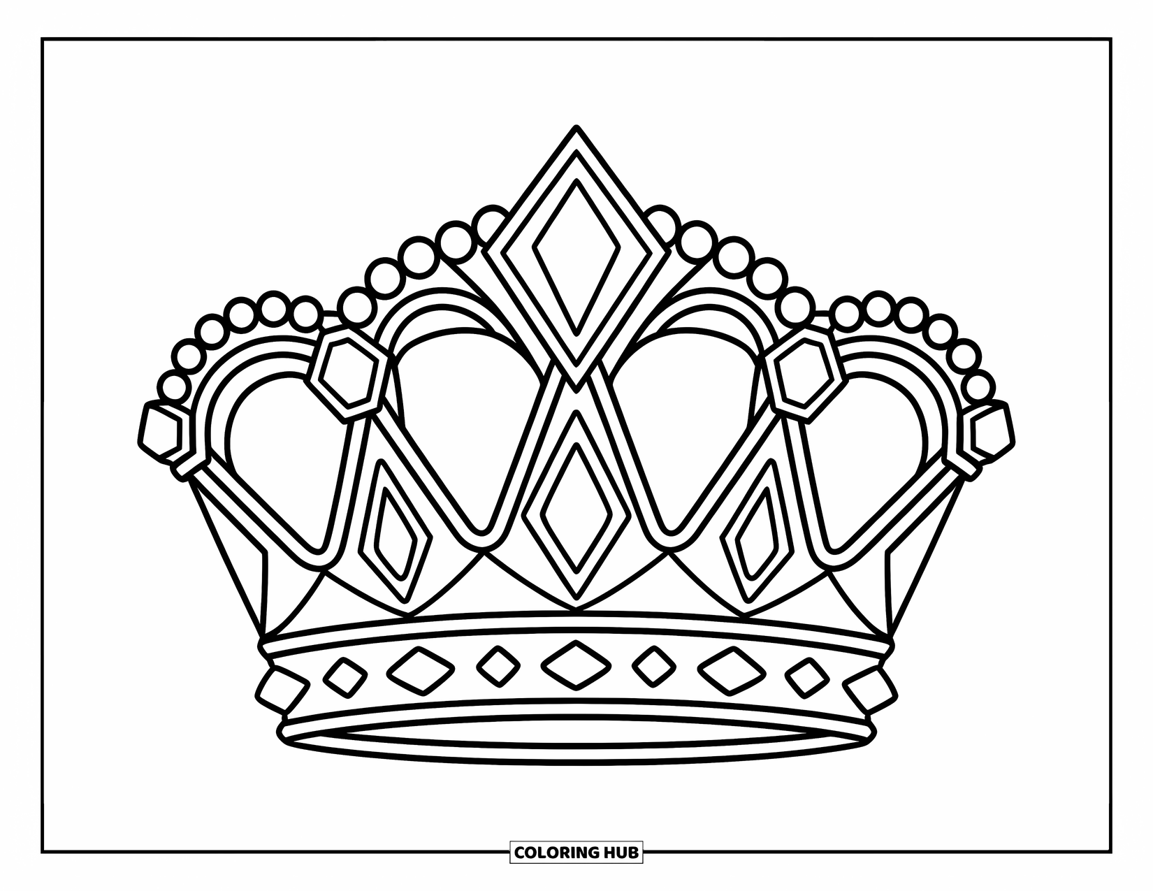 Diamond Coloring Page for Kids: A royal crown displays five diamonds in a fun, simple design