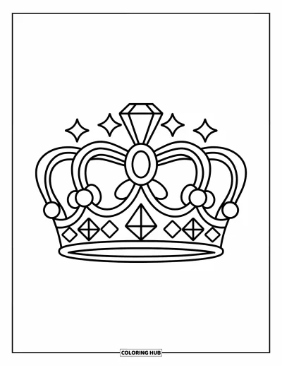 Desen de colorat cu diamante pentru copii: O coroană simplă cu un diamant strălucitor scânteiază înconjurată de stele