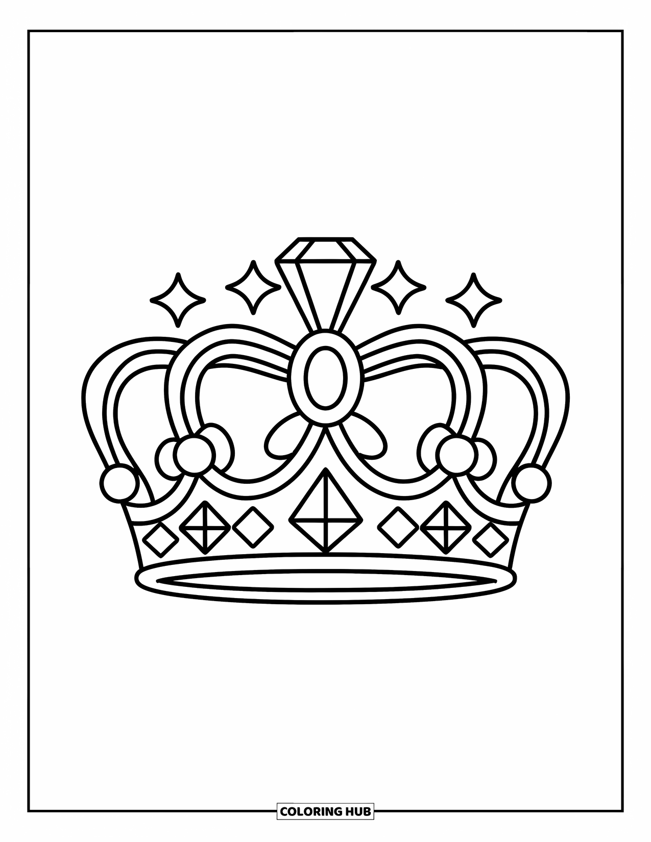 Diamond Coloring Page for Kids: A simple crown with a shiny diamond sparkles with stars around it