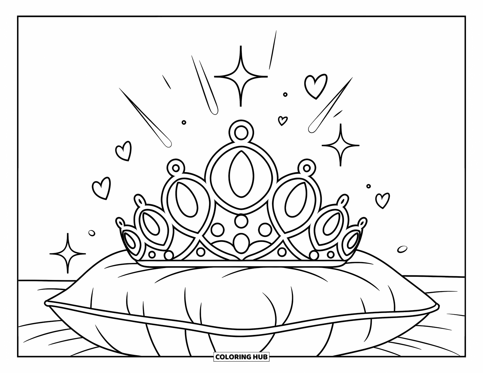 Diamond Coloring Page for Kids: A soft pillow holds a tiara with sparkles and floating hearts