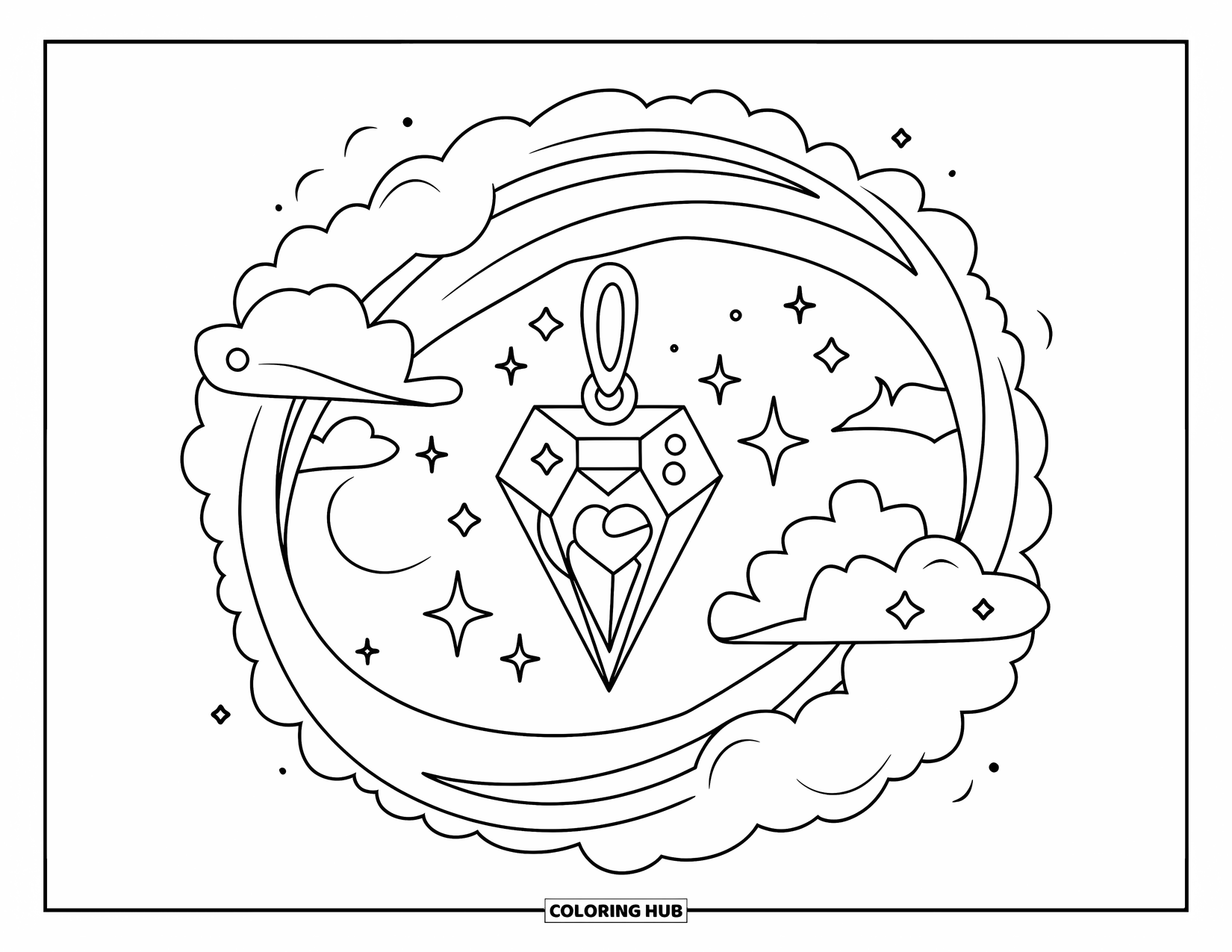 Diamond Coloring Page for Kids: A sparkling pendant floats in dreamy clouds and stars