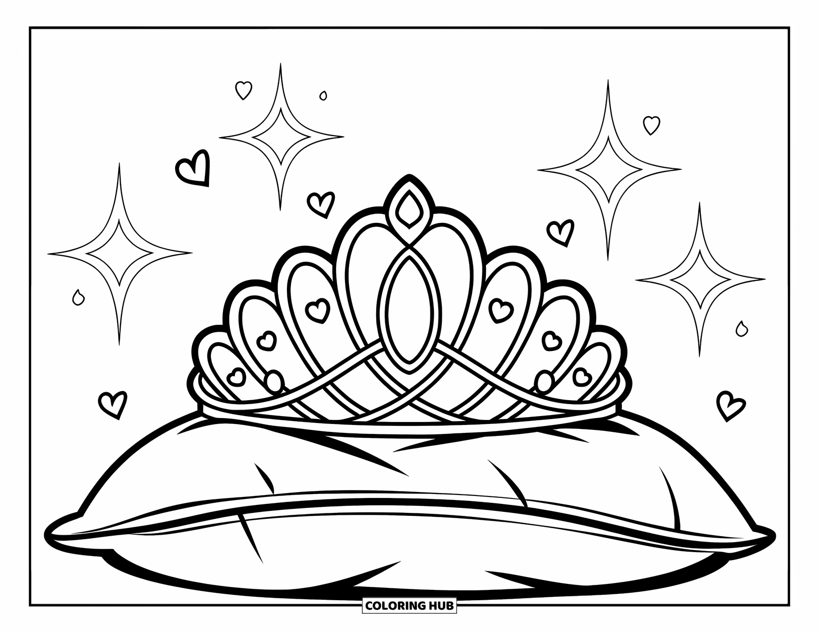 Diamond Coloring Page for Kids: A tiara rests on a pillow with sparkles and floating hearts nearby