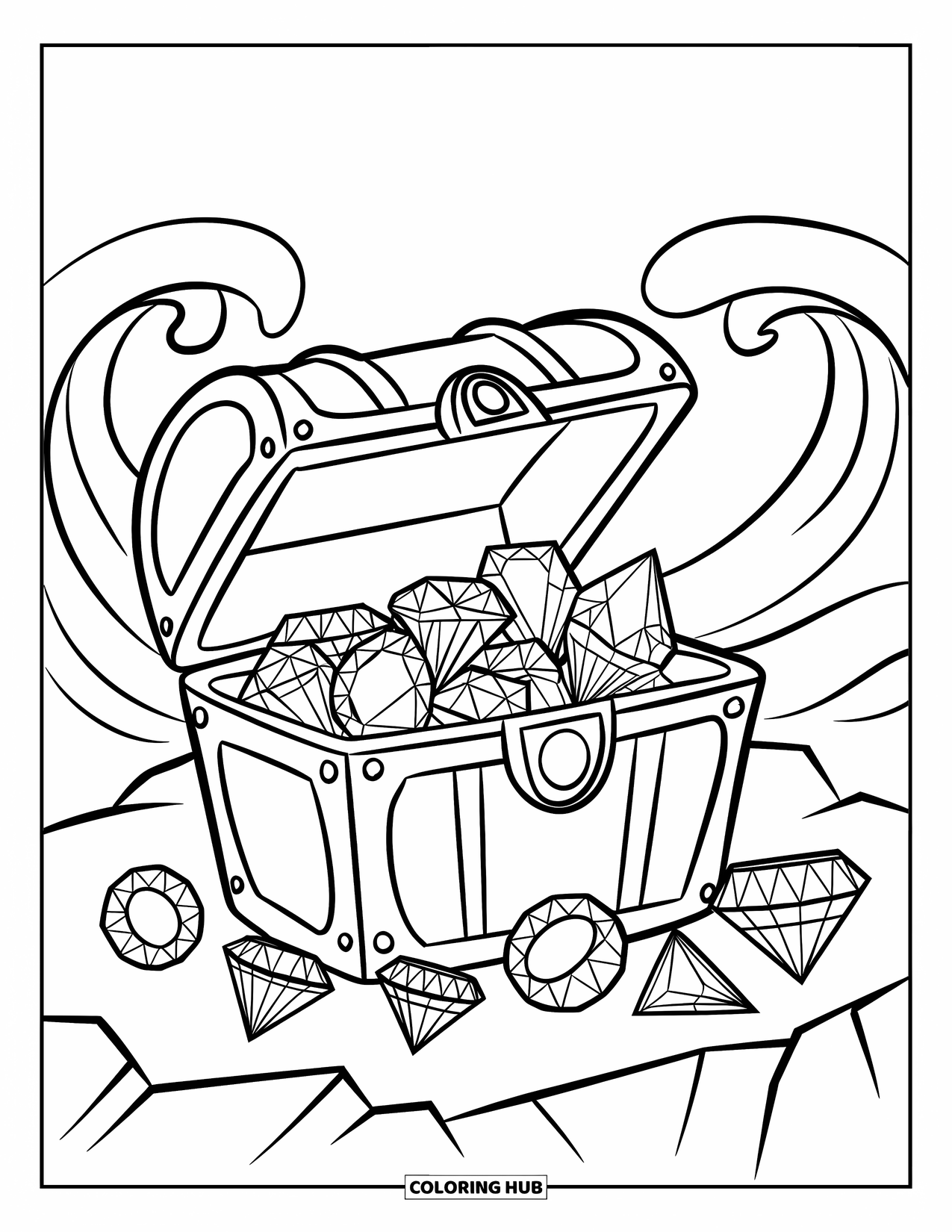 Diamond Coloring Page for Kids: A treasure chest filled with diamonds rests on rocky ground with waves behind