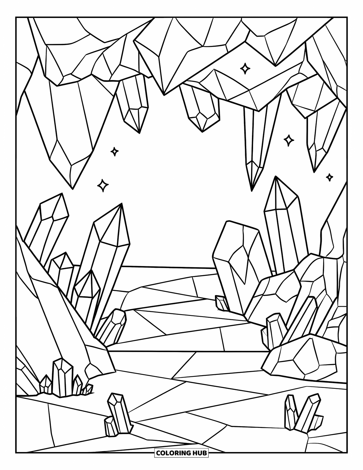 Diamond Coloring Page for Kids: Diamonds sparkle inside a glowing crystal cave