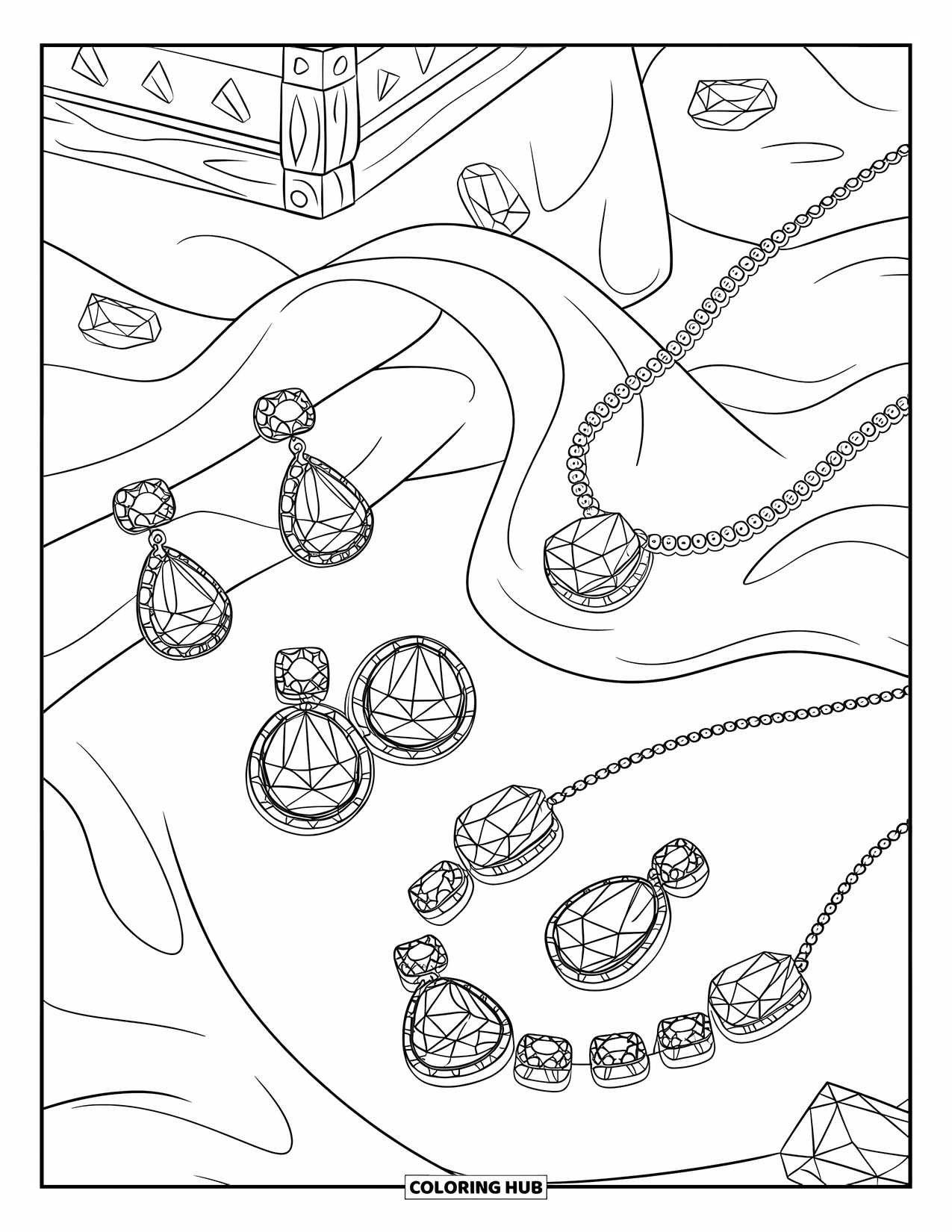 Diamond Coloring Page for Kids: Jewelry pieces rest on fabric beside a wooden box and stones