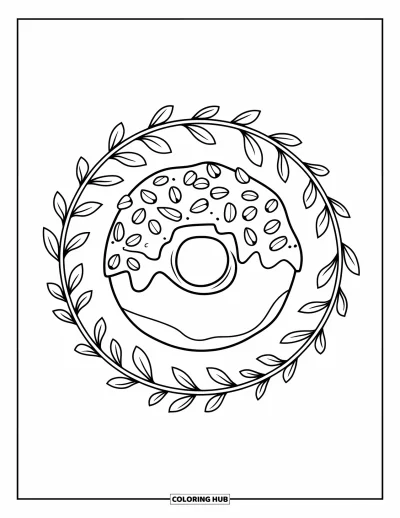 Doughnut Coloring Page for Adults: A chocolate doughnut with nuts is framed by detailed botanical vines and leaves