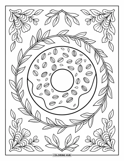 Doughnut Coloring Page for Adults: A chocolate-glazed doughnut with nuts rests in a swirl of flowers and climbing vines