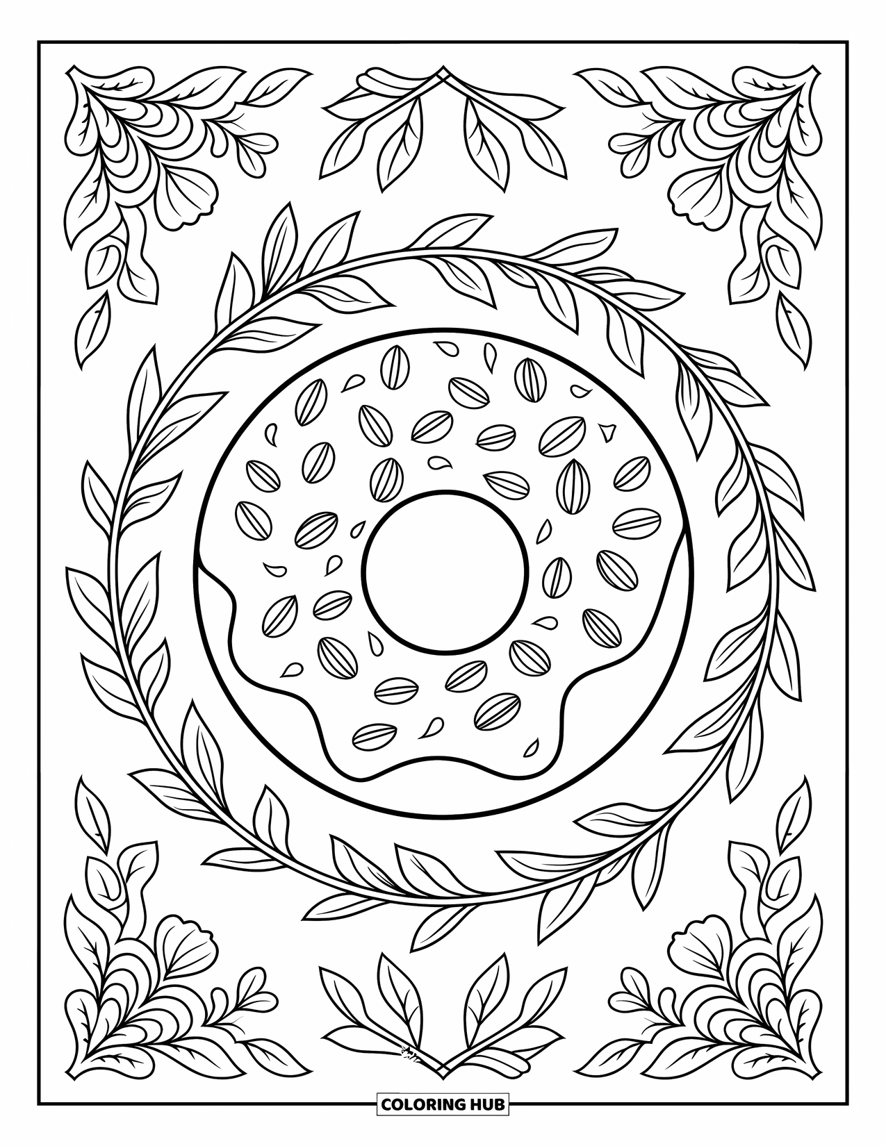 Doughnut Coloring Page for Adults: A chocolate-glazed doughnut with nuts rests in a swirl of flowers and climbing vines