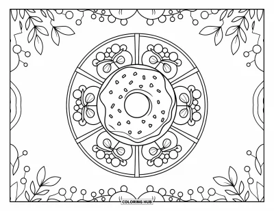 Doughnut Coloring Page for Adults: A cinnamon doughnut rests in a leafy botanical wheel filled with detailed, flowing designs