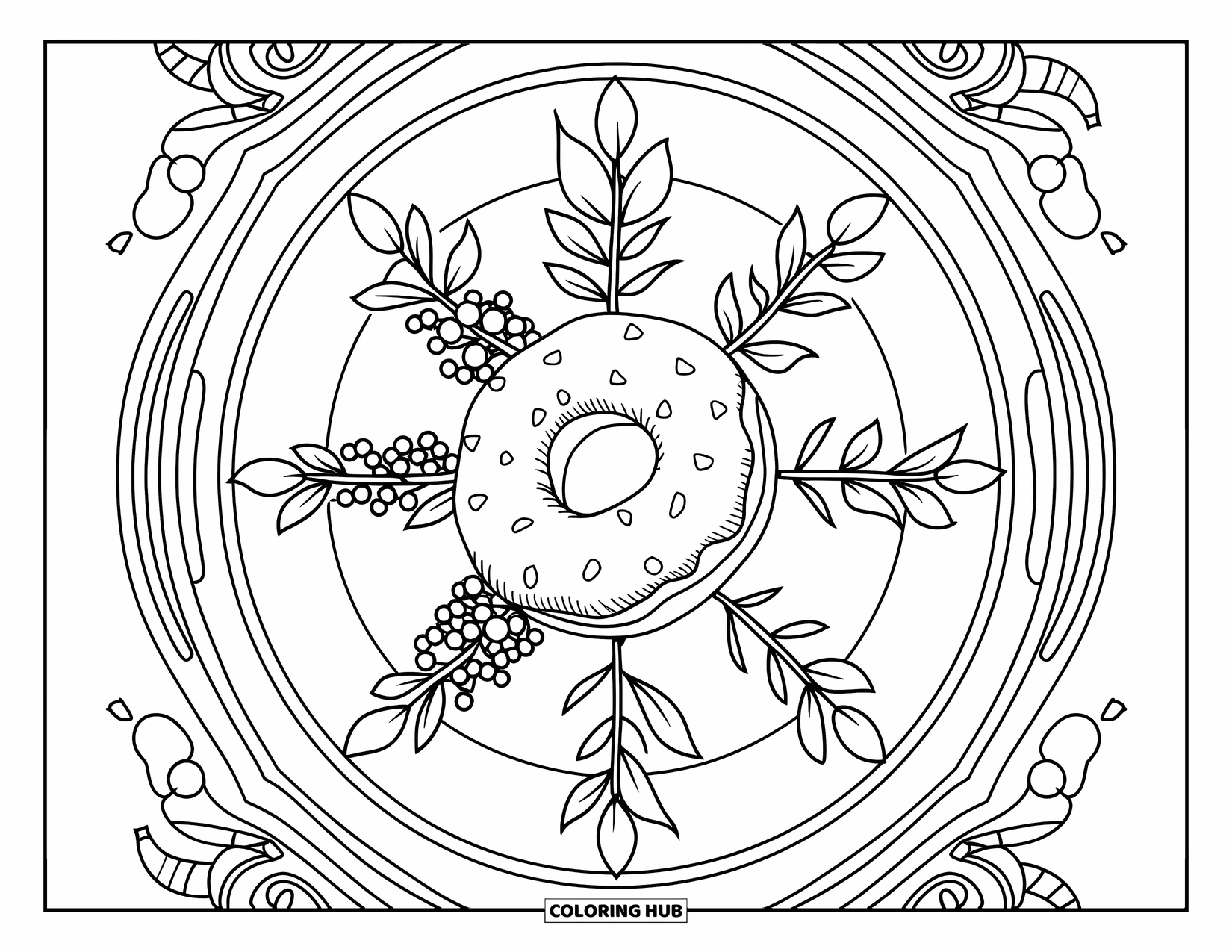 Doughnut Coloring Page for Adults: A cinnamon doughnut rests in the center of a leaf-and-berry patterned decorative wheel