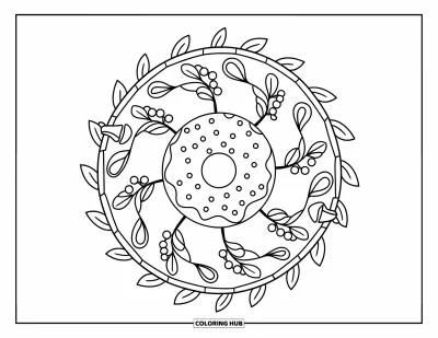 Doughnut Coloring Page for Adults: A cinnamon sugar doughnut is surrounded by a circular pattern of leaves and berries