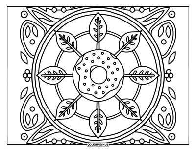 Doughnut Coloring Page for Adults: A cinnamon sugar doughnut sits in a leafy wheel with berries and artistic patterns