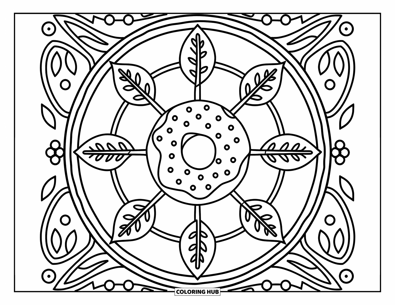 Doughnut Coloring Page for Adults: A cinnamon sugar doughnut sits in a leafy wheel with berries and artistic patterns