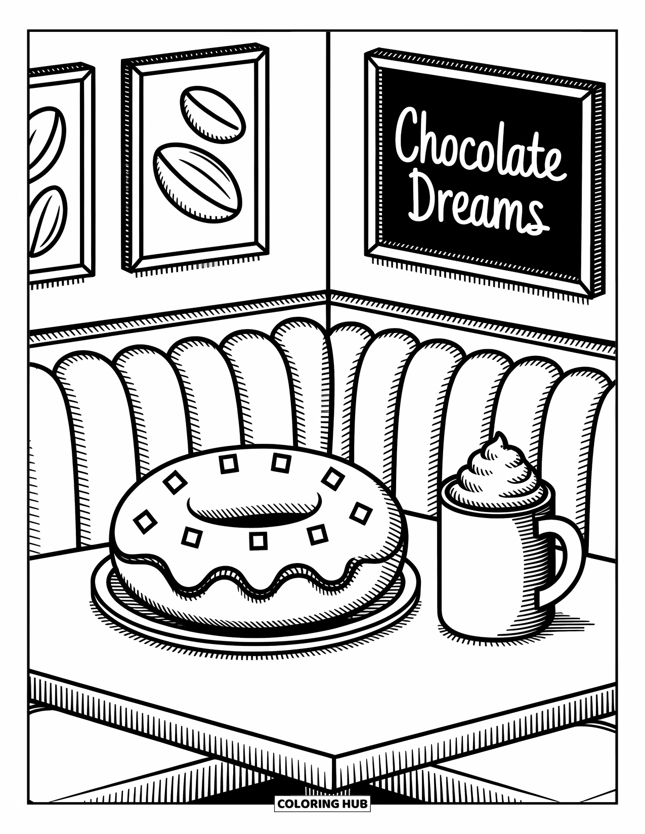 Doughnut Coloring Page for Adults: A cozy booth scene with chocolate doughnut, whipped cocoa, and a dreamy chalkboard sign