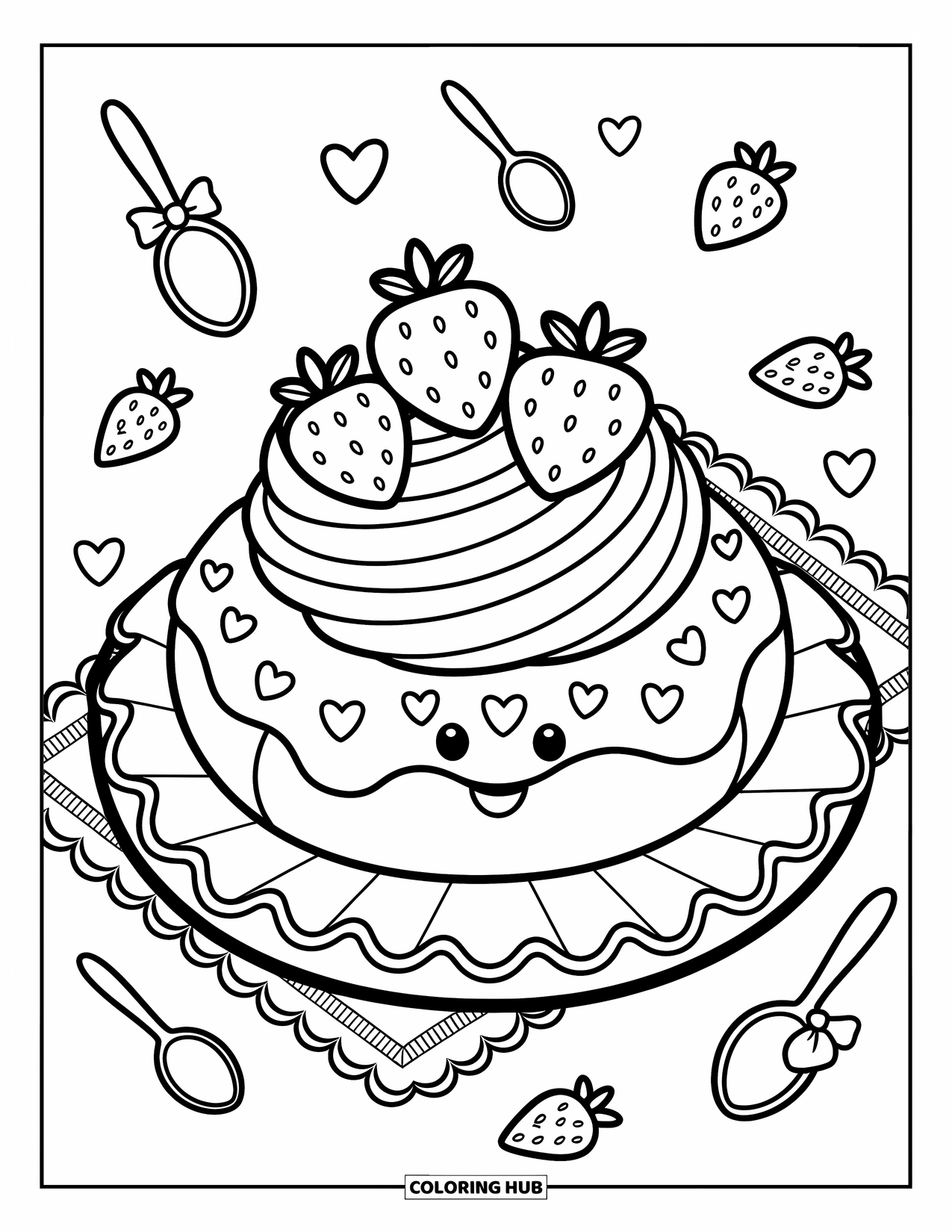 Doughnut Coloring Page for Adults: A cute doughnut with cream and strawberries sits beside bows, spoons, and a lacy napkin
