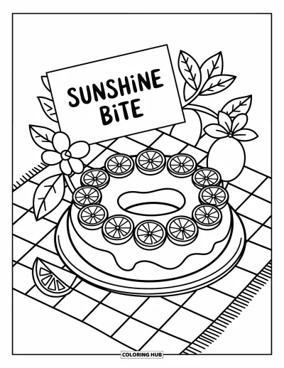 Doughnut Coloring Page for Adults: A flower-crowned lemon doughnut rests among blossoms, leaves, and a cheerful note card