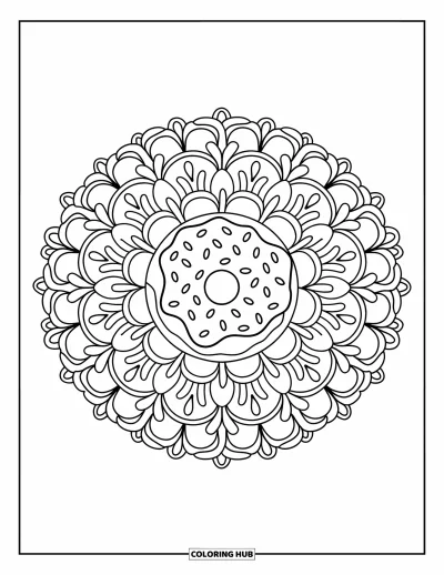 Doughnut Coloring Page for Adults: A frosted strawberry doughnut sits at the heart of a blooming floral mandala